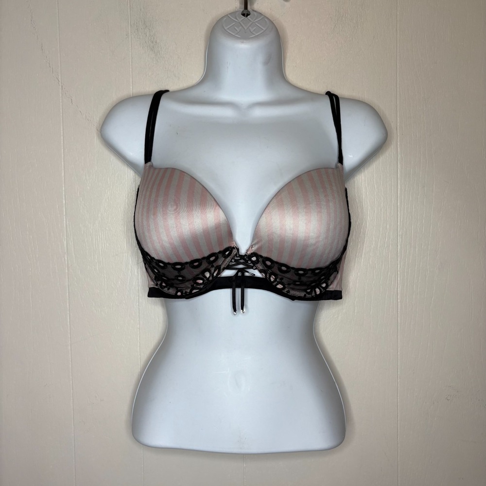 Victoria's Secret Very Sexy Push Up Bra 36C Pink White Striped Black Lace Satin